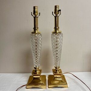 Vintage Upscale Berman Tapered Cut Crystal and Brass Table Lamps-A Pair